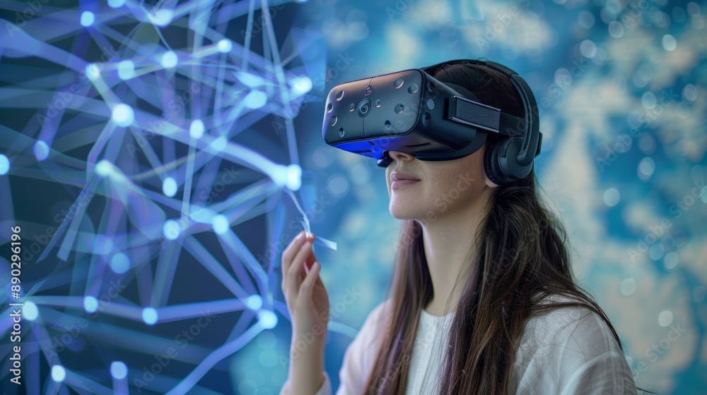 The woman wearing virtual reality headset immersed in digital world, futuristic virtual experience concept The woman wearing virtual reality headset immersed in digital world, futuristic virtual experience concept