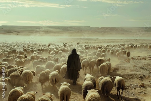 Shepherd stands in the middle of the endless desert with his flock of sheep. Bible history