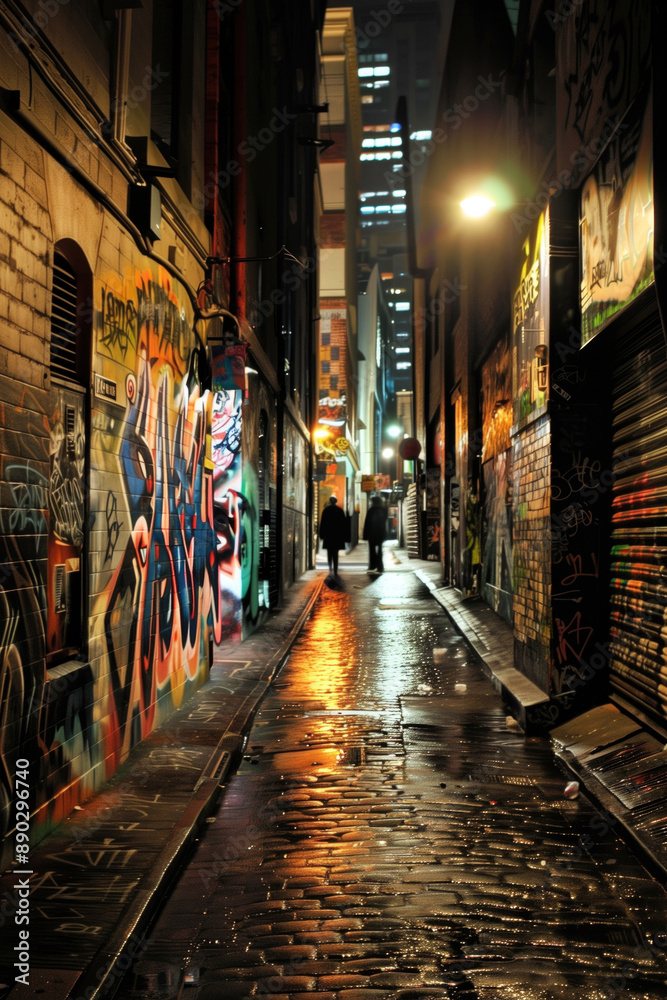 Urban alleyway at night with colorful graffiti on walls and wet pavement reflecting city lights. Street art, city nightlife, urban exploration, nocturnal photography, metropolitan atmosphere concept. Urban alleyway at night with colorful graffiti on walls and wet pavement reflecting city lights. Street art, city nightlife, urban exploration, nocturnal photography, metropolitan atmosphere concept.