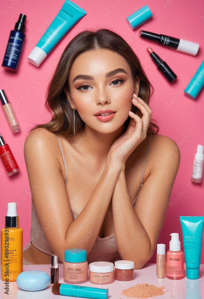 Influencer recommending beauty products on bright and vibrant background. Influencer recommending beauty products on bright and vibrant background.