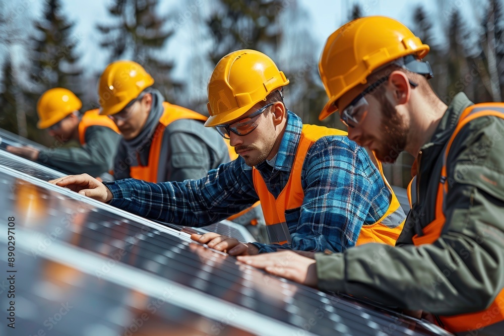 A team of workers in hard hats and safety gear installing solar panels on a sunny day, symbolizing renewable energy and teamwork. A team of workers in hard hats and safety gear installing solar panels on a sunny day, symbolizing renewable energy and teamwork.