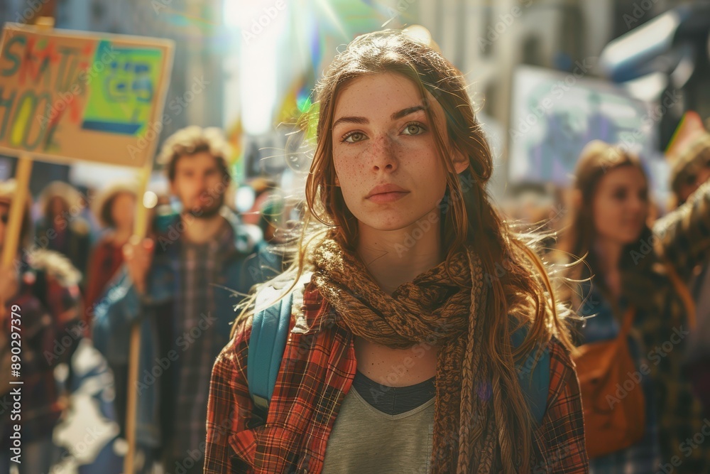 Young woman participating in an urban street protest, holding signs and demonstrating for change among a crowd of passionate activists. Young woman participating in an urban street protest, holding signs and demonstrating for change among a crowd of passionate activists.