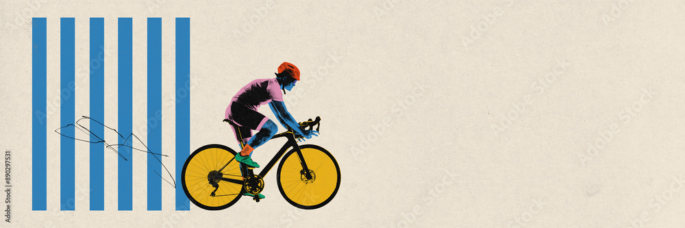 Fototapeta premium Banner. Contemporary art collage. Rider pedals bike with striking yellow wheels, set against minimalist beige background. Concept of sport, movement, speed, marathon, competition, action.