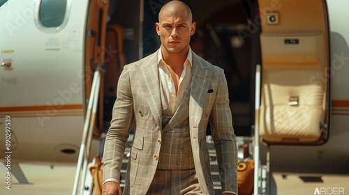 A man in a light brown plaid suit walks toward a private jet. photo