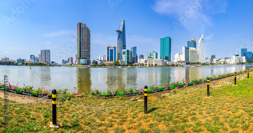 Panoramic view of Hochiminh city from the banks of the Saigon River. Ho Chi Minh City, Vietnam.	
