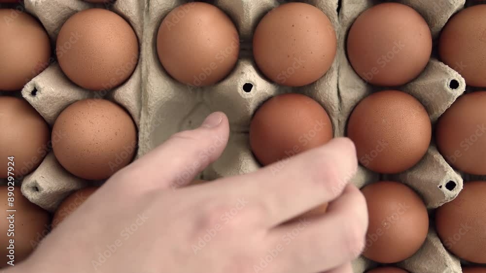 Overhead view of taking eggs from an egg carton. Close up on male hand picking eggs.