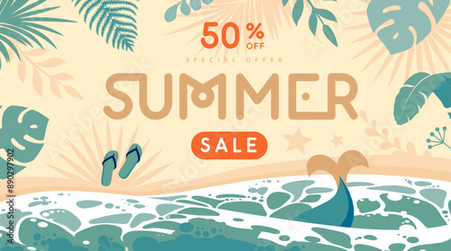 Vintage top view summer big sale banner or poster with ocean waves, sand beach, tropic leaves and mermaid tail. Vector illustration