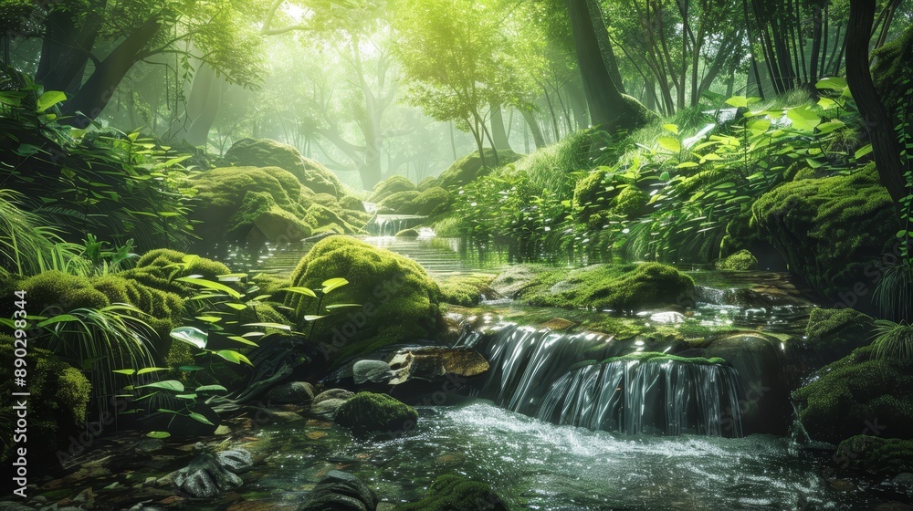 Fototapeta premium Enchanting forest scene with a sparkling stream flowing through verdant foliage and serene river rocks. 