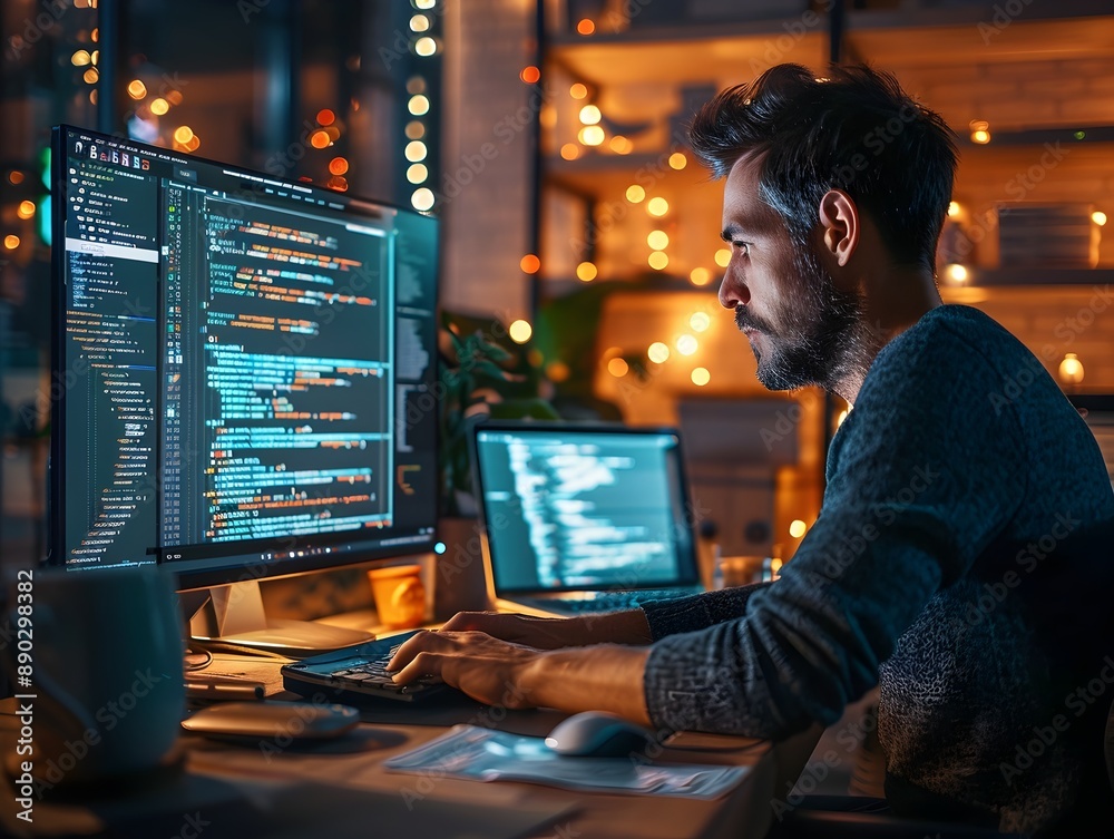 Focused E Commerce Developer Coding a Dark Mode Website for Online Business Focused E Commerce Developer Coding a Dark Mode Website for Online Business