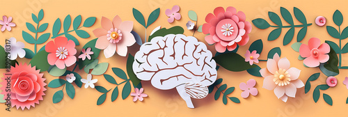 The human brain and flowers are cut out of paper, orange background, the concept of world brain day.