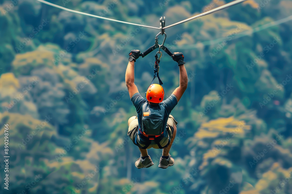 Fototapeta premium Man zip-lining in a lush tropical forest with safety gear and helmet. Adventure tourism, ecotourism, outdoor activity, travel and recreation, jungle expedition, extreme sports concept.