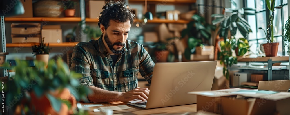 Organized Workspace for Efficient Entrepreneur Working on Packing and Shipping Home Based Online Business Organized Workspace for Efficient Entrepreneur Working on Packing and Shipping Home Based Online Business