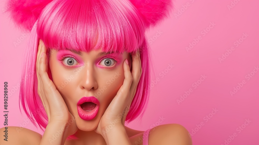 A woman with pink hair and pink makeup is looking surprised A woman with pink hair and pink makeup is looking surprised
