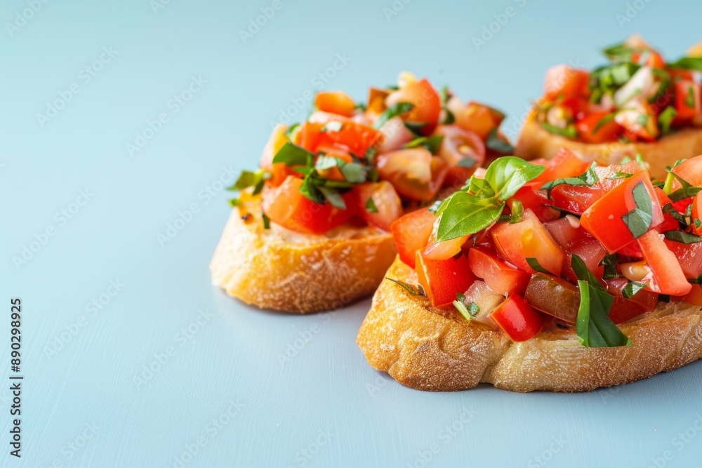 Fresh Italian bruschetta with tomato and basil on blue background, close-up, appetizer, traditional snack concept Fresh Italian bruschetta with tomato and basil on blue background, close-up, appetizer, traditional snack concept