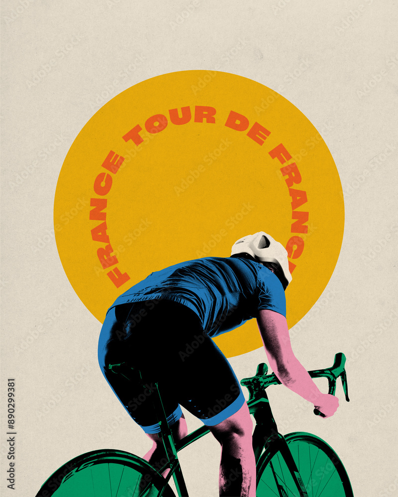 Obraz premium Poster. Contemporary art collage. Rear view of cyclist riding bike against beige background with circle with inscription. Motivation. Concept of sport, movement, speed, marathon, competition, action.