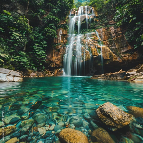 Breathtaking waterfall cascading down rocky cliffs into a crystal-clear pool, surrounded by lush vegetation photo