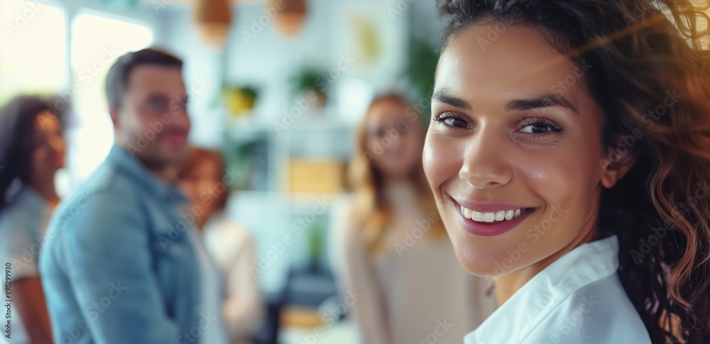 Smiling woman in a casual office setting with colleagues in the background. Teamwork, corporate environment, office culture, professional setting, workplace collaboration. Smiling woman in a casual office setting with colleagues in the background. Teamwork, corporate environment, office culture, professional setting, workplace collaboration.