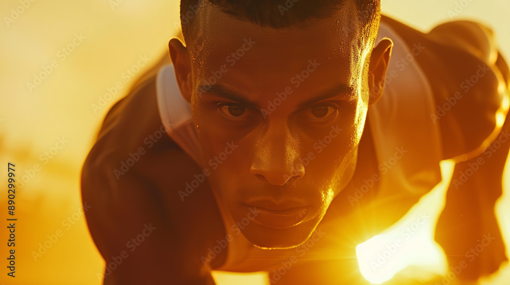 A close-up captures a male athlete in mid-stride on a track, the golden hues of sunset casting a warm glow on his focused expression. A close-up captures a male athlete in mid-stride on a track, the golden hues of sunset casting a warm glow on his focused expression.
