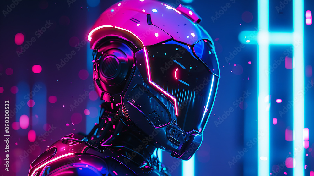 A futuristic robot cyborg stands illuminated by vibrant neon lights, its helmet glowing in blue, pink, and purple tones A futuristic robot cyborg stands illuminated by vibrant neon lights, its helmet glowing in blue, pink, and purple tones