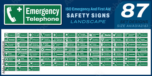 87 set ISO emergency and first aid safety signs v04 landscape size 1/2 a4,a3,a2,a1