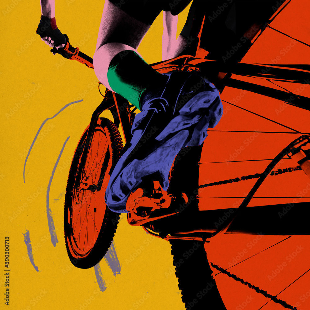 Naklejka premium Poster. Contemporary art collage. Leg of cyclist stands on pedal, rider ready to start marathon. Half tone effect. Vibrant palette. Concept of sport, movement, speed, competition, action.