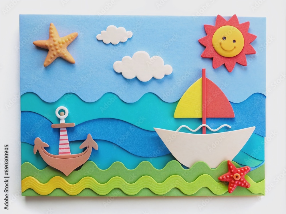 Naklejka premium Vibrant cartoon-style invitation or party card featuring a colorful seascape with a paper cut-out boat, anchor, and shell, perfect for kids' birthday celebrations.