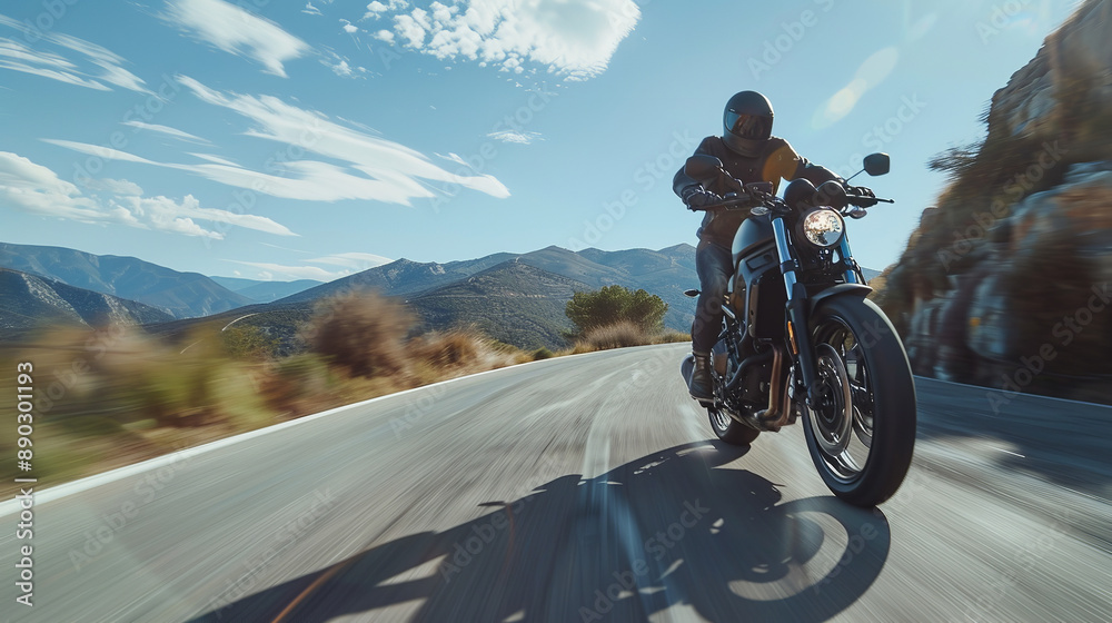 A motorcycle rider accelerates down an open road, the wind whipping through their hair. A motorcycle rider accelerates down an open road, the wind whipping through their hair.