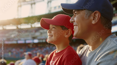 Obraz na płótnie A man and his son, both wearing baseball caps, share a joyful moment at a bustling baseball stadium w salonie