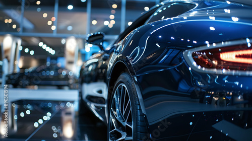 A stunning blue luxury car shines under the bright lights of a dealership, showcasing its sleek lines and elegant design.