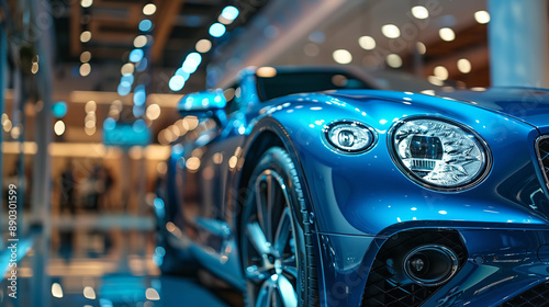 A stunning blue luxury car shines under the bright lights of a dealership, showcasing its sleek lines and elegant design. photo