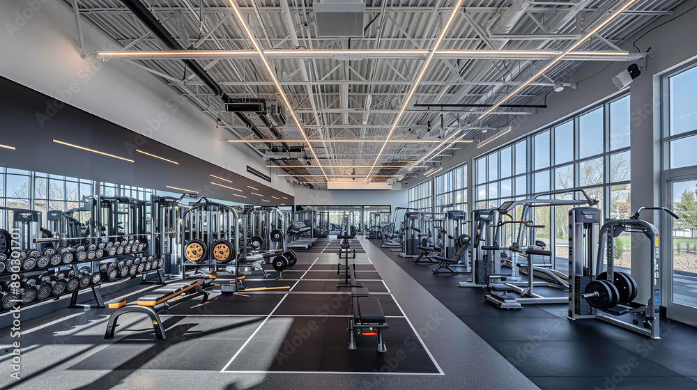 Obraz premium A wide-angle photograph captures the expansive interior of a modern gym, showcasing an array of weights, bars, and racks neatly arranged.