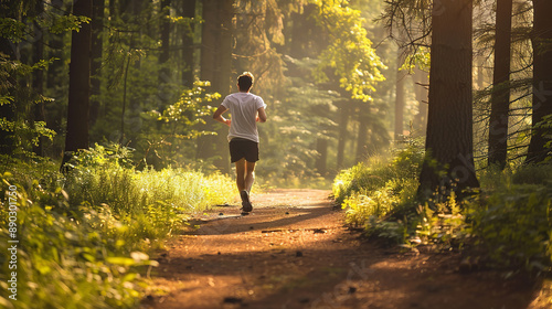 A young adult man runs through the forest on a natural path on a sunny summer day