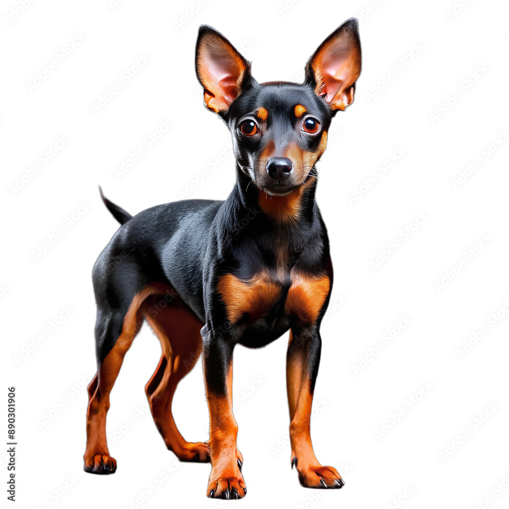 A small black dog of a dwarf pinscher on a white background A small black dog of a dwarf pinscher on a white background