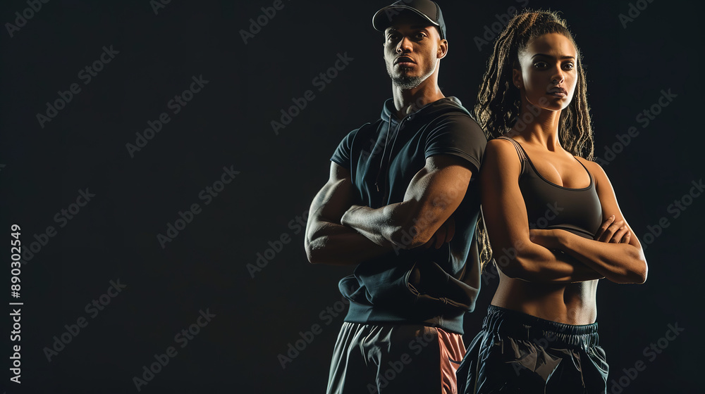 An athletic man and woman stand confidently against a black background, both dressed in stylish sportswear