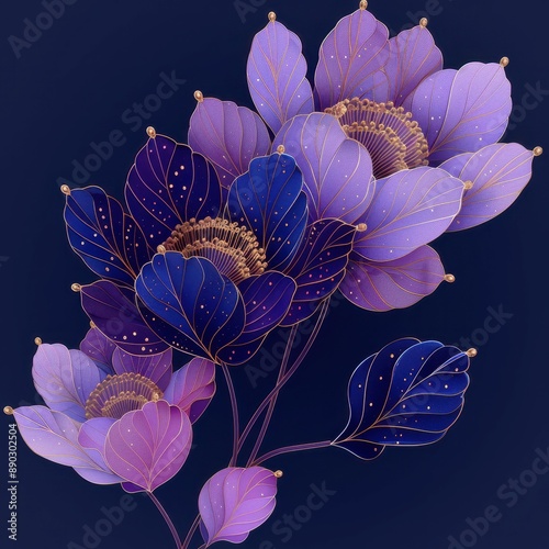 Elegant digital flowers with metallic textures and holographic highlights, set against a sleek, modern background, Futuristic, Digital Art, Monochromatic