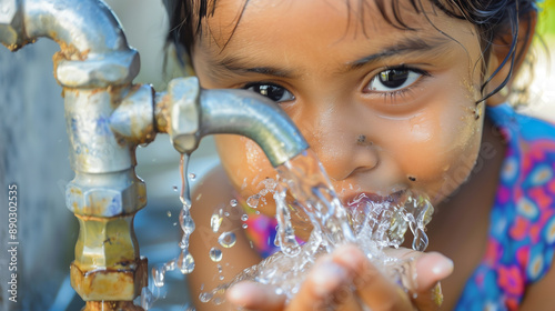 A child drinking clean water from a tap, a community well being used by villagers, water purification system in action