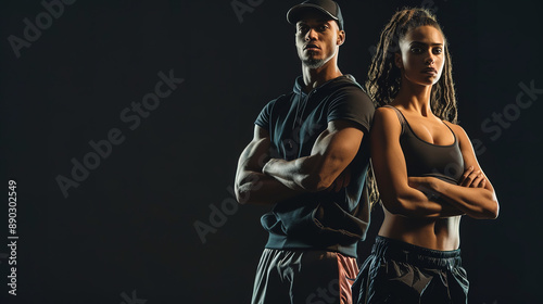 Obraz na płótnie An athletic man and woman stand confidently against a black background, both dressed in stylish sportswear w salonie