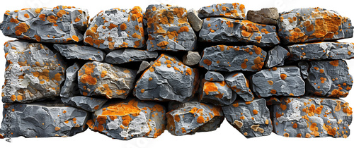 A high-resolution image featuring an eroded stone wall with prominent cracks and patches of vibrant orange lichen, isolated on a transparent background.  photo