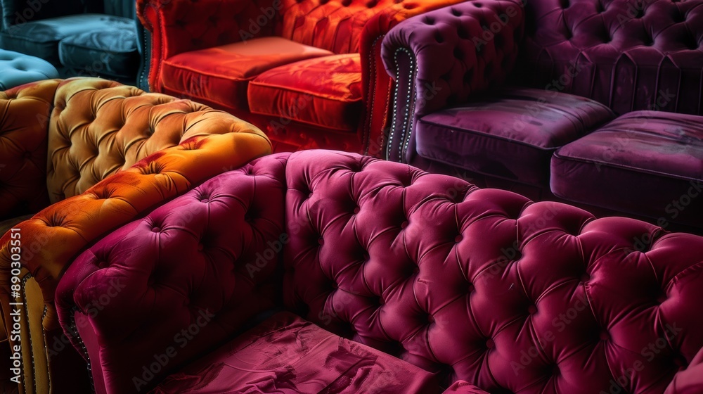 Obraz premium Colorful velvet sofas in a stylish living room