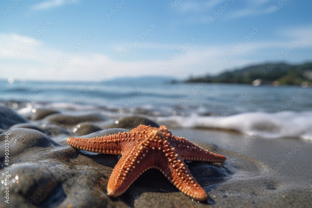 A close-up of a starfish resting on a sandy shore with gentle waves approaching. The vibrant orange starfish contrasts with the wet sand and blue ocean, capturing a serene and natural A close-up of a starfish resting on a sandy shore with gentle waves approaching. The vibrant orange starfish contrasts with the wet sand and blue ocean, capturing a serene and natural
