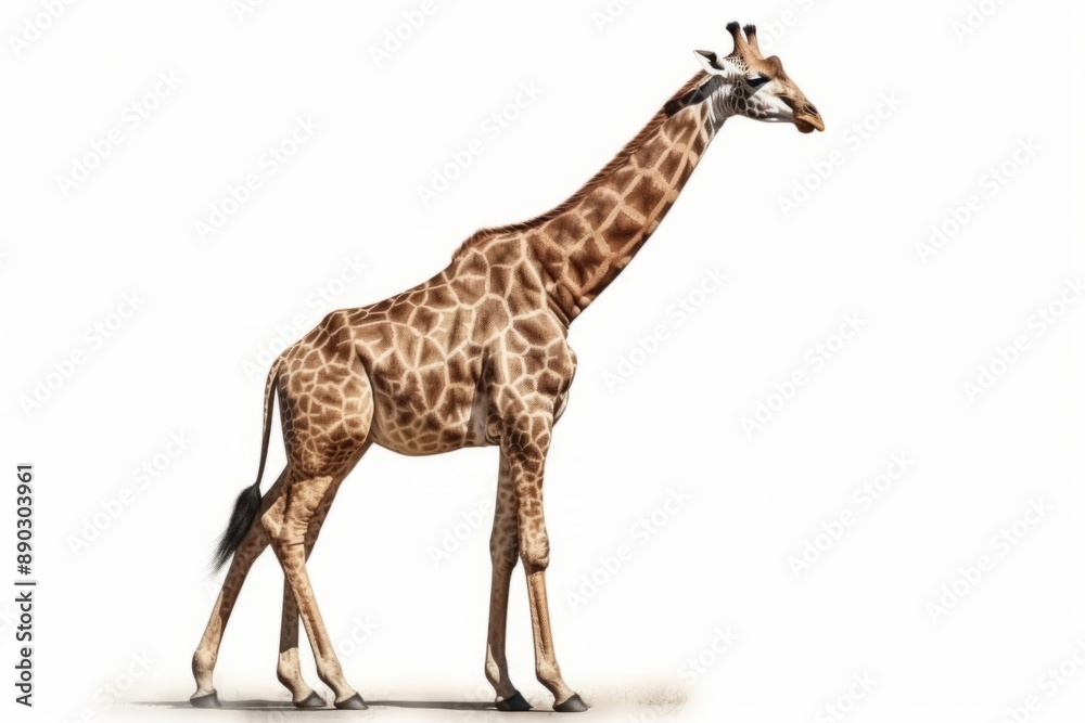 A full-length view of a giraffe against a white background, showcasing its distinctive long neck and patterned coat. The animal's elegant stance and unique markings are clearly visible A full-length view of a giraffe against a white background, showcasing its distinctive long neck and patterned coat. The animal's elegant stance and unique markings are clearly visible