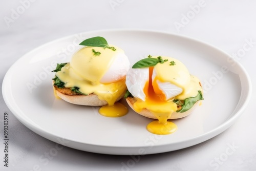 Delicious Eggs Benedict served on a white plate, featuring poached eggs topped with creamy hollandaise sauce, garnished with fresh herbs and basil leaves, and resting on a bed of spinach