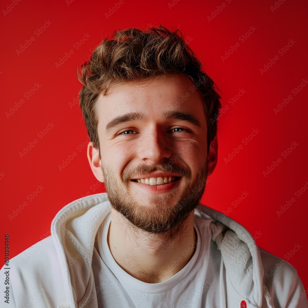 Young Man With Wavy Brown Hair Smiling Against a Red Background Young Man With Wavy Brown Hair Smiling Against a Red Background