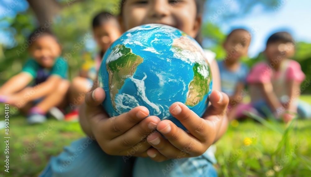 Children holding a globe outdoors in a park, symbolizing global unity and environmental awareness. Earth day, environmental conservation, diversity, unity, global citizenship Children holding a globe outdoors in a park, symbolizing global unity and environmental awareness. Earth day, environmental conservation, diversity, unity, global citizenship
