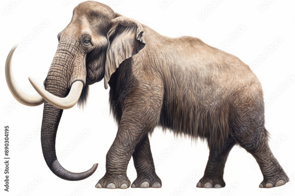 Obraz premium A hyperrealistic illustration of a mammoth in full growth on a white background. The image captures the mammoth's massive size, long curved tusks, and thick fur, showcasing its prehistoric grandeur