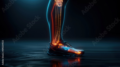 Futuristic leg illustration with glowing neural pathways and technology-enhanced athletic shoe, showcasing advanced biomechanics.