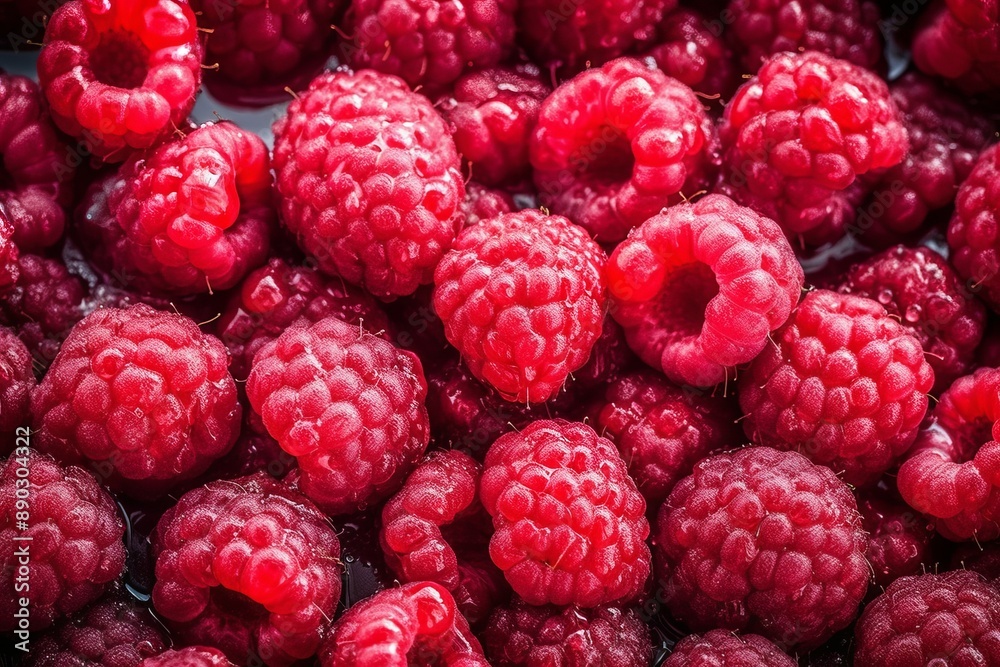 Close-up view of fresh, ripe raspberries covered in glistening droplets. The image highlights the vibrant red color and detailed texture of the berries, showcasing their juicy and succulent appearance Close-up view of fresh, ripe raspberries covered in glistening droplets. The image highlights the vibrant red color and detailed texture of the berries, showcasing their juicy and succulent appearance