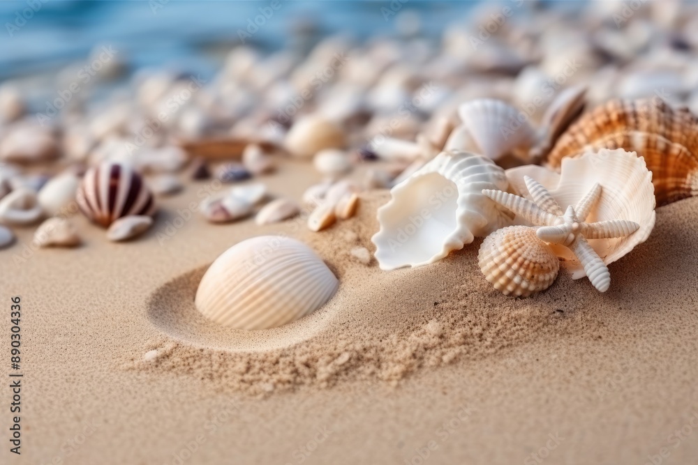 Sea shells scattered on a sandy beach with the ocean in the background. The image captures the beauty of nature, evoking a sense of calm and relaxation associated with a seaside environment Sea shells scattered on a sandy beach with the ocean in the background. The image captures the beauty of nature, evoking a sense of calm and relaxation associated with a seaside environment