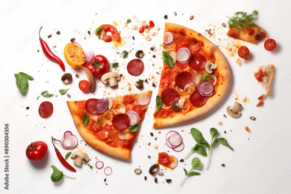 A creative display of pizza slices with various toppings including pepperoni, onions, mushrooms, and basil. The ingredients are scattered artistically around the pizza slices on a white background A creative display of pizza slices with various toppings including pepperoni, onions, mushrooms, and basil. The ingredients are scattered artistically around the pizza slices on a white background
