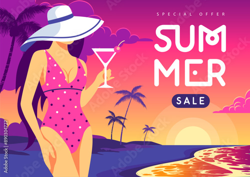 Retro flat summer big sale poster with beautiful girl in swimsuit on tropic beach  background. Vector illustration
